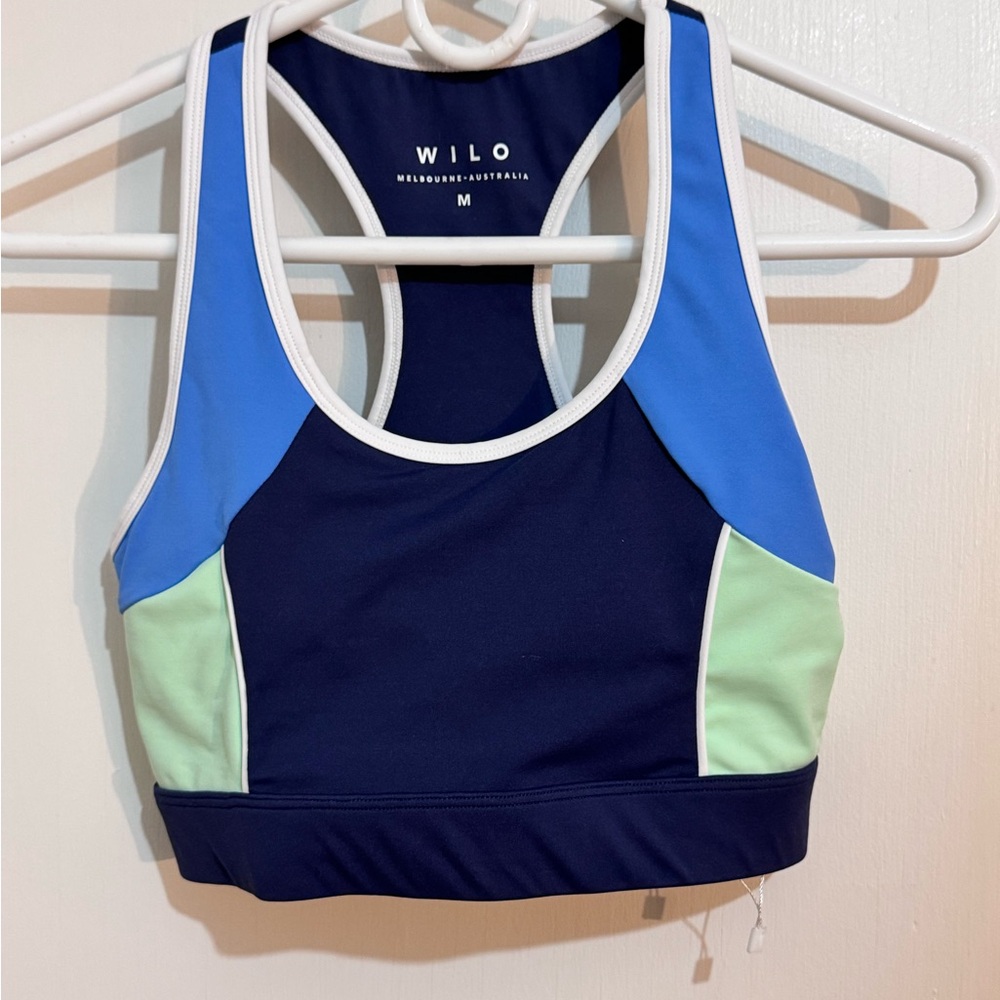 Wilo Blue and Green Racerback Sports Bra with Color-Block Design